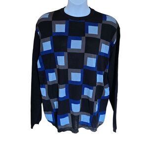 Bachrach Black Blue Geometric Checkered Vintage Sweater Made In Italy Wool Blend